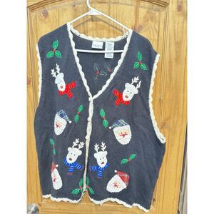Bobbie Brooke Women's Christmas Sweater Vest Navy Knit Santa ReinDeer Size 26/28